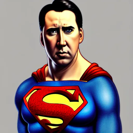 Image similar to upper body portrait of nicolas cage as superman, intricate, elegant, highly detailed, digital painting, artstation, concept art, smooth, sharp focus, illustration, art by artgerm and greg rutkowski and alphonse mucha, award winning, 8 k