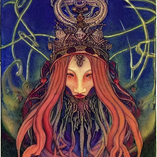 Image similar to the tentacle crown, by Annie Swynnerton and Nicholas Roerich! and (((Edmund Dulac))), bioluminescent skin, tattoos, elaborate costume, geometric ornament, symbolist, rich colors, dramatic lighting, smooth, sharp focus, extremely detailed