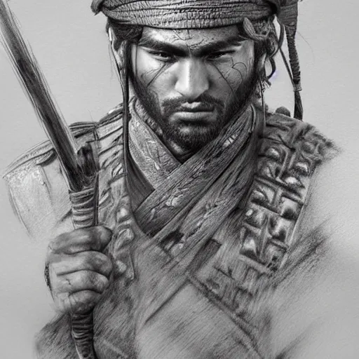 Image similar to Kurdish samurai, detailed charcoal sketch, realistic, incredibly detailed, award winning art, cinematic, extremely high detail, concept art, 4k fantasy art, trending on artstation, full body shot