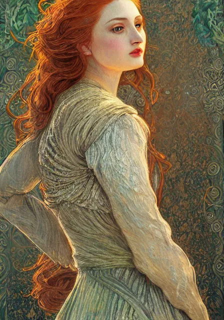 Prompt: sansa, intricate, elegant, highly detailed, digital painting, artstation, concept art, smooth, sharp focus, illustration, pre - raphaelite style, monet, mucha