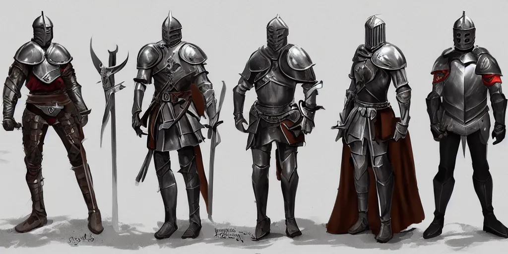 Prompt: different views of medieval knights, concept art by senior character artist, trending on artstation, full body characters designs