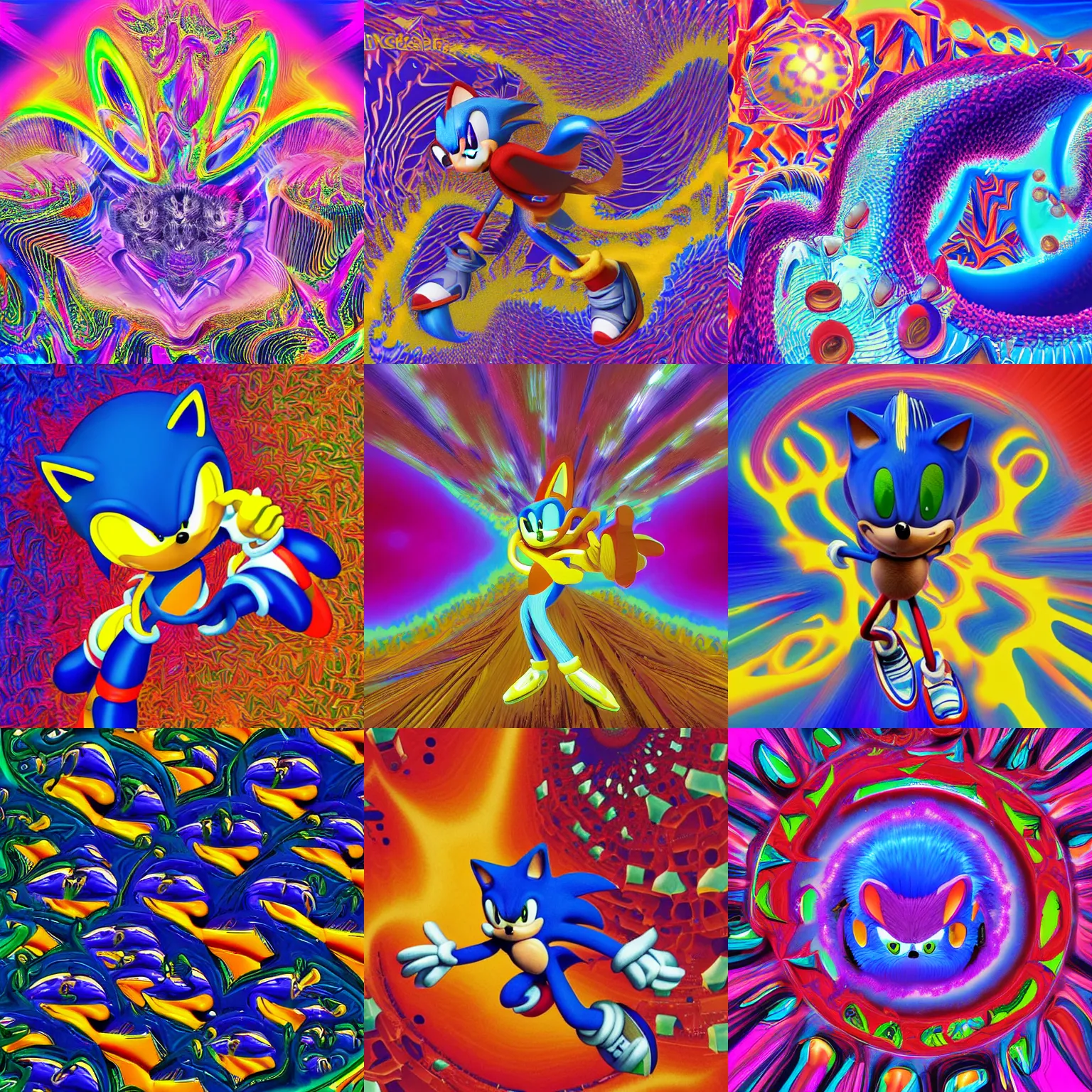 Prompt: sonic hedgehog portrait in the shape of a surreal hopalong fractal, detailed professional, high quality portrait sonic airbrush art tame impala album cover portrait of a liquid dissolving LSD DMT sonic the hedgehog surfing through cyberspace, purple checkerboard background, 1990s 1992 Sega Genesis video game album cover