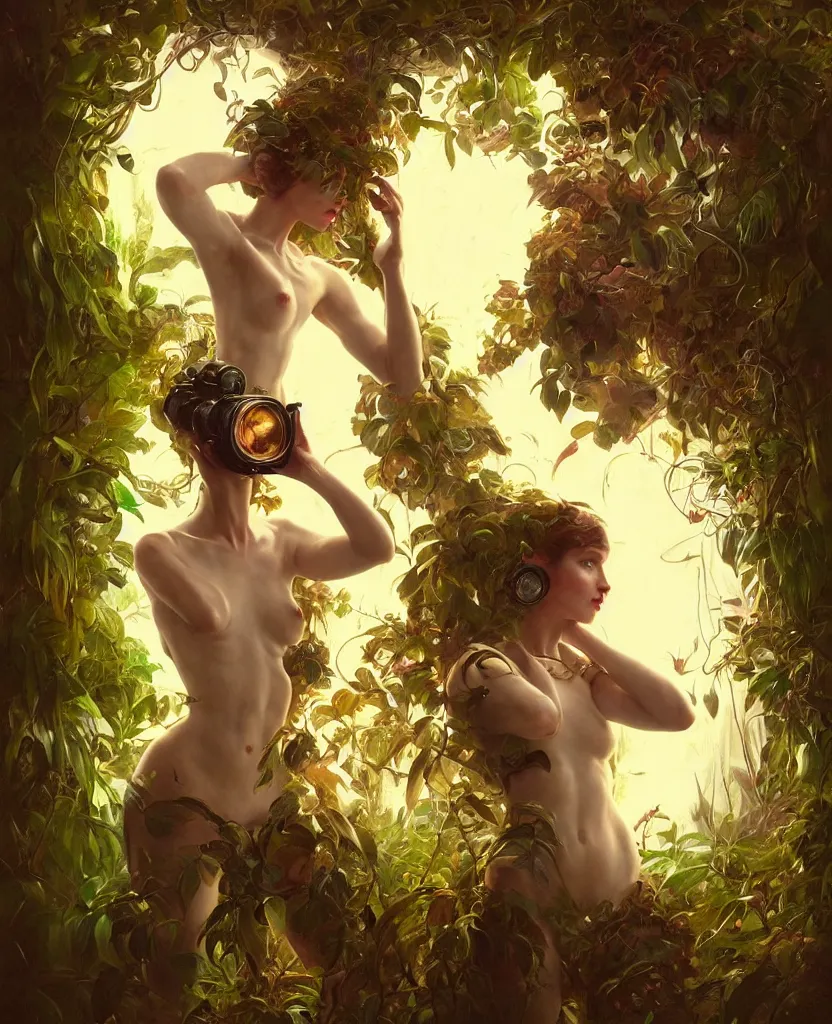 Image similar to hyper realistic photographer looking through a vintage medium format camera, magic pouring from lens, full body pose, design on white background, beautiful details, lush foliage cyberpunk, gold, drawn by john singer sargent, tom bagshaw, norman rockwell, alphonso mucha, lolish, trending on artstation