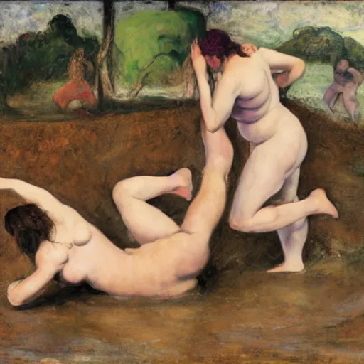 Image similar to 3 drunk women fall over mud - wrestling,, oil painted ( ( ( ( ( ( by rodin ) ) ) ) ) )