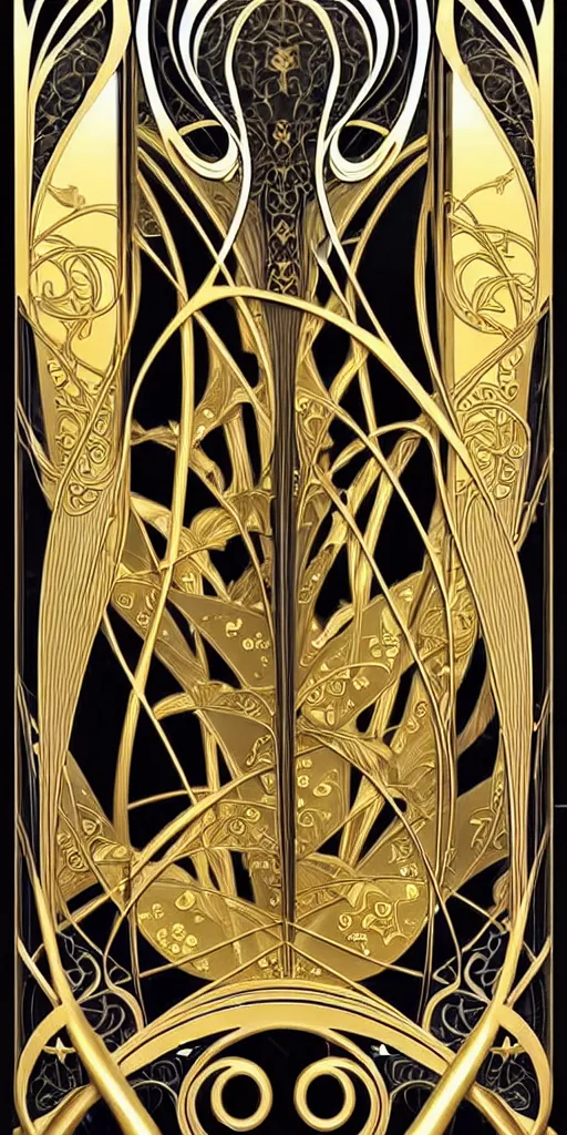 Image similar to the source of future growth dramatic, elaborate emotive Art Nouveau styles to emphasise beauty as a transcendental, seamless pattern, symmetrical, large motifs, hyper realistic, 8k image, 3D, supersharp, Art nouveau curves and swirls, metallic reflective surfaces, glittery iridescent and black colors with gold accents, perfect symmetry, iridescent, High Definition, sci-fi, Octane render in Maya and Houdini, light, shadows, reflections, photorealistic, masterpiece, smooth gradients, high contrast, no blur, sharp focus, photorealistic, insanely detailed and intricate, cinematic lighting, Octane render, epic scene, 8K