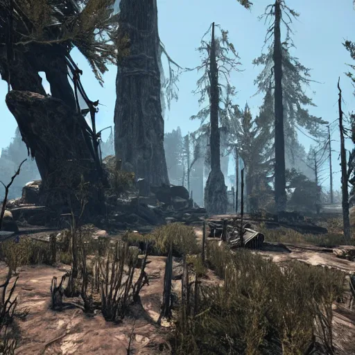 Image similar to mammoth tree forest in ruins post - nuclear war in fallout 4, in game screenshot