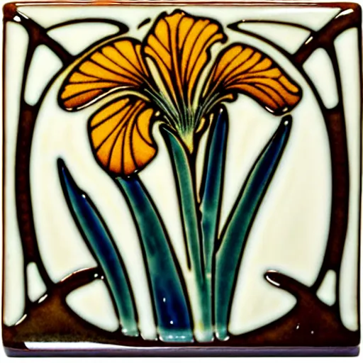 Image similar to a beautiful art nouveau ceramic tile of an iris flower