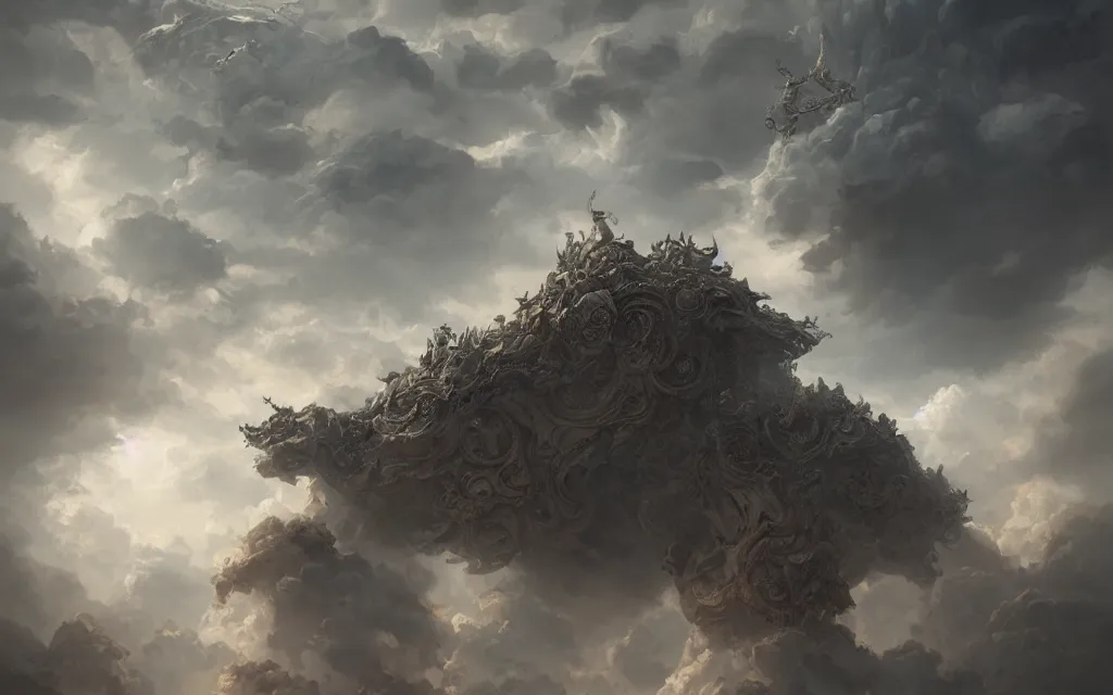 Image similar to demigod throne clouds, face made out of clouds, dramatic, intricate, elegant, detailed, digital painting, artstation, concept art, smooth, sharp focus, illustration, cinematic, gustave dore, peter mohrbacher, octane render