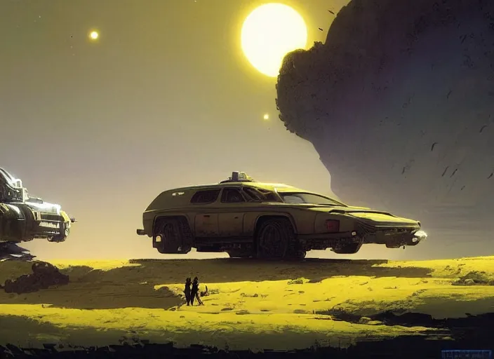 Prompt: a vehicle in a stunning landscape by martin deschambault, dean ellis, peter elson, josan gonzalez, david a hardy, john harris, wadim kashin, angus mckie, moebius, bruce pennington