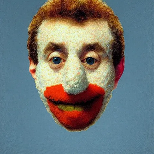 Image similar to portrait photo of a wool sock with face made from pixels and voxels and popcorn, Perfect face, extremely high details, realistic, by Giuseppe Arcimboldo, Edward Hopper, Rene Margitte