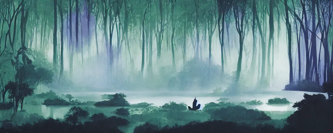 Prompt: deep forest, small rainbow river, light shimmering, water mists, subtle color variantions, summer rain, gentle mists, a white robed benevolent magician clothed in a royal garment in contemplation and meditation casts a benevolent white magic spell, by Eyvind Earle and Mary Blair