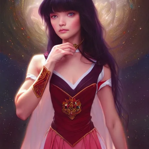 Prompt: a beautiful princess, long dark hair and bangs, sailor mars aesthetic, fantasy, intricate, elegant, highly detailed, digital painting, artstation, concept art, matte, sharp focus, illustration, art by Artgerm and Greg Rutkowski and Alphonse Mucha