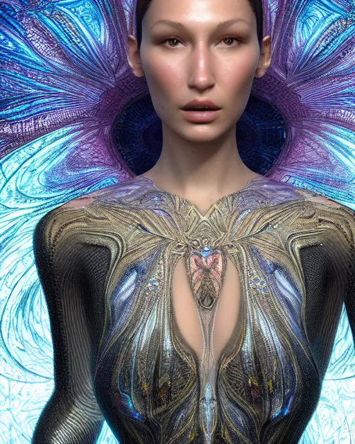 Prompt: a highly detailed metahuman 8 k close up render of bella hadid as alex grey art renaissance in iris van herpen dress in style of gustav klimt trending on artstation made in unreal engine 4