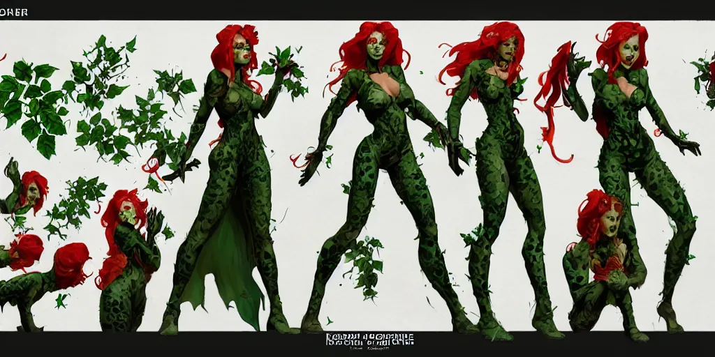 Image similar to poison ivy, character sheet, concept design, contrast, kim jung gi, greg rutkowski, zabrocki, karlkka, jayison devadas, trending on artstation, 8 k, ultra wide angle, pincushion lens effect