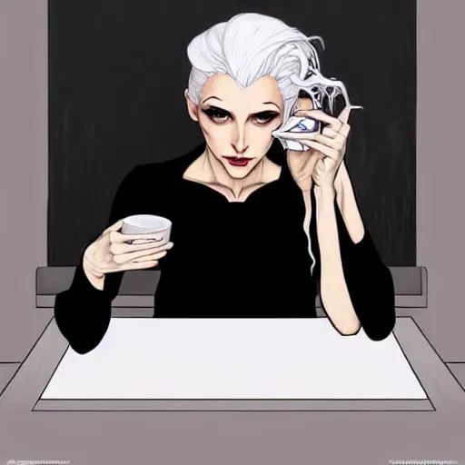 Prompt: a beautiful woman with white hair wearing a black dress is sitting at a table drinking a cup of tea, skeleton fingers, beautiful face, beautiful eyes, elegant, beautiful, natural light, trending on artstation, style artgerm, joshua middleton and alphonse mucha