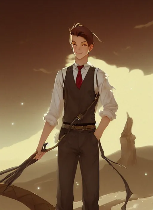 Prompt: beautiful portrait commission of a male furry anthro wolf wearing a white dress shirt with suspenders in an old-timey desert town. Atmospheric. Character design by charlie bowater, ross tran, artgerm, and makoto shinkai, detailed, inked, western comic book art