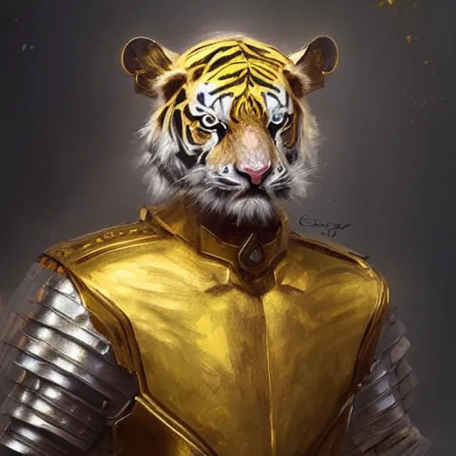 Image similar to a aesthetic award winning commission portrait of an albino tiger wearing golden victorian armour,digital art,art by greg rutkowski,character design by charles bowater,ross tran,photorealistic,detailed face,high quality,deviantart,artstation,characzer concept