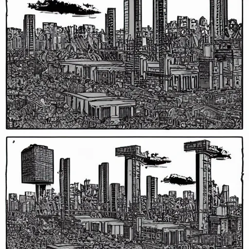 Image similar to brutalist polish neighborhood in the style of pushead and “ geoff darrow ” detailed widescreen