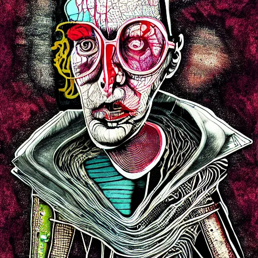 Image similar to graphic illustration, creative design, ancient lord, biopunk, francis bacon, highly detailed, hunter s thompson, mixed media