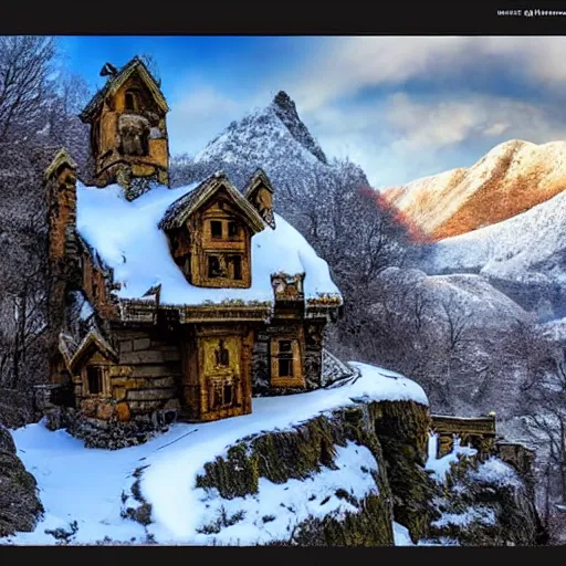 Image similar to old abandoned dwarven keep nestled high up in the snow covered mountains. picturesque scenery. running water. landscape photography. fantasy. trending on art station.