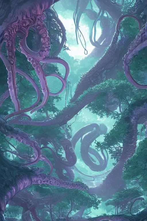 Prompt: concept art painting of an alien world with tentacle trees, artgerm, moebius, inio asano, toon shading, cel shading, calm, tranquil,