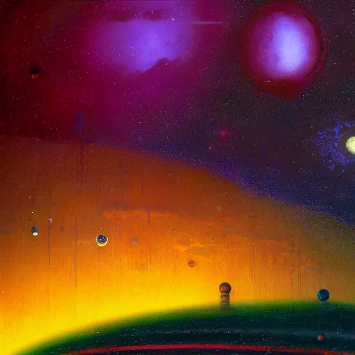 Prompt: a village on saturn by paul lehr,