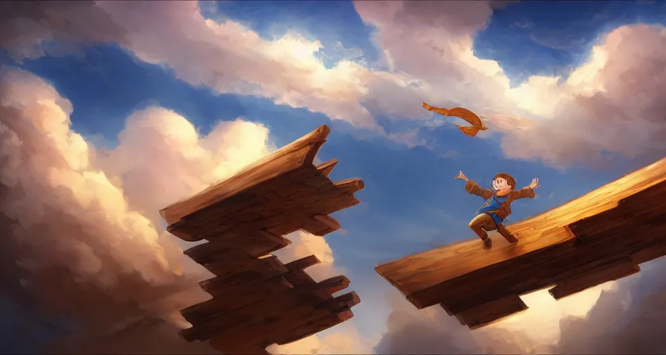 Image similar to a boy being thrown off of a large wooden fantasy sky - ship flying through the clouds with blue sky, andreas rocha style