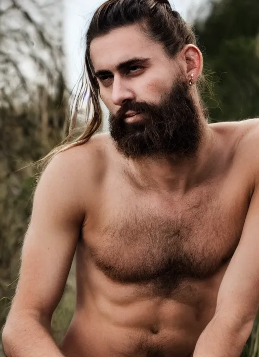 Image similar to a skinny young white male with a dark brown man bun for hair