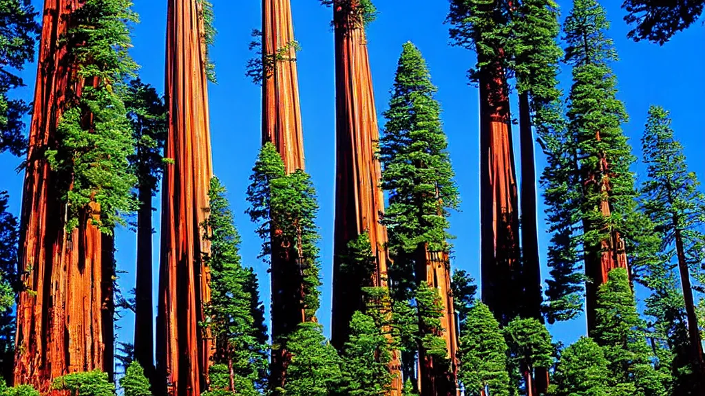 Prompt: Futuristic City in Harmony with Nature(Redwood Trees) by bruce mccall and Klaus Bürgle; Location: San Francisco, California;