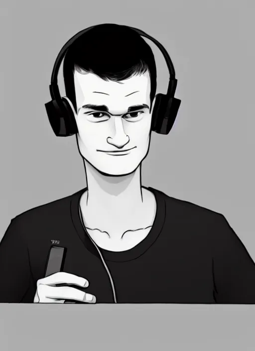 Image similar to vitalik buterin in headphones starring in pixar cartoon. vitalik buterin, medium shot, perfect symmetric face, coherent eyes, pixar cartoon style, beautiful face, fine details., very sharp, 4 k