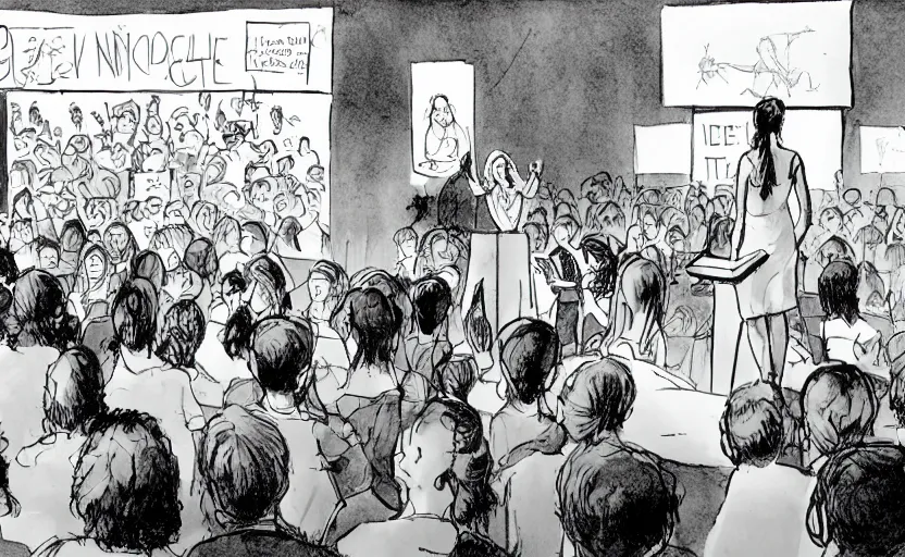 Image similar to a dramatic glen keane cartoon of gretta thunberg giving a speech to a crowd of youth climate activists