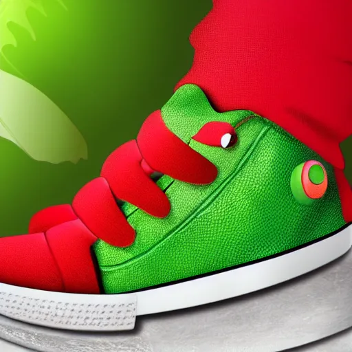 Image similar to green frog dressed in red sneakers, tropical forest, photorealistic