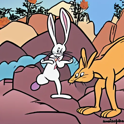 Image similar to bugs bunny being stalked and eaten by a mountain lion, animated, old cartoon style