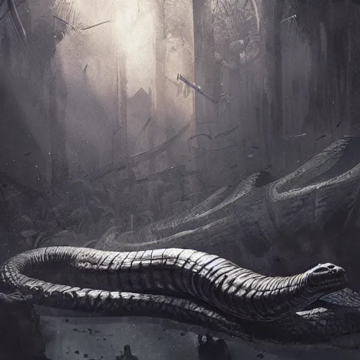 Image similar to a huge anaconda in a dark grave wrapped around a dead body, horror ,digital art,realistic,detailed,art by greg rutkowski