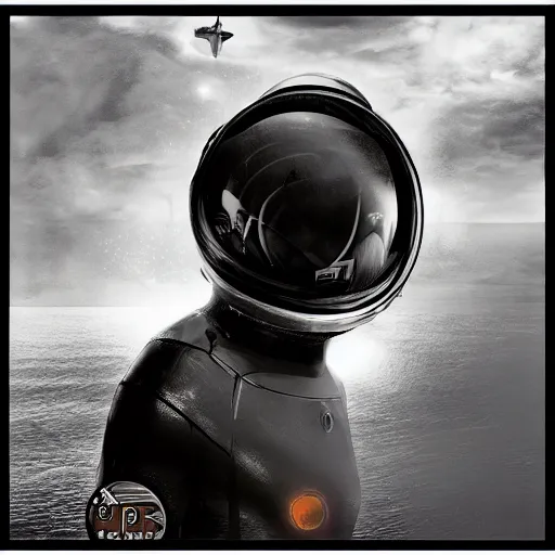 Image similar to infrared concept art by david cronenberg diver astronaut in underwater futuristic dark and empty spaceship. complex and hyperdetailed technical suit design. reflection material. rays and dispersion of light breaking through the deep water. 3 5 mm, f / 3 2. noise film photo. flash photography. trend artstation