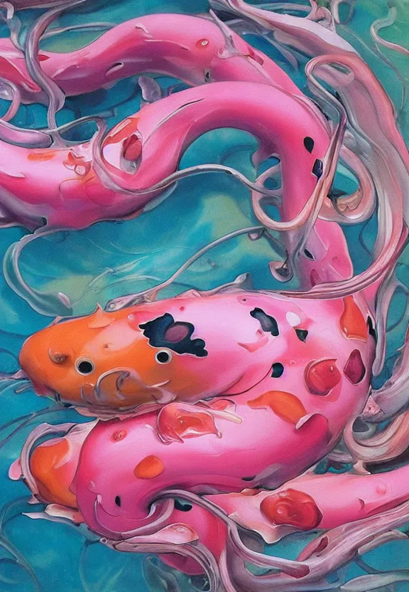 Image similar to a biomorphic painting of a koi, flower, surrealist painting by krenz cushart and dorothea tanning, pastel blues and pinks, melting, plastic, featured on artstation, tentacles, pink bees, metaphysical painting, oil on canvas, fluid acrylic pour art, airbrush art, concept art hyper realistic, rococo, lovecraftian