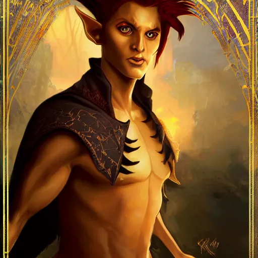 Image similar to dnd character portrait of a tanned half - elf with messy short red hair and yellow eyes with slit pupils, beautiful and androgynous with catlike features and dark skin, glowing, golden hour, wearing a stylish men's suit, realistic painting by ross tran and gerald brom and alphonse mucha, trending on artstation