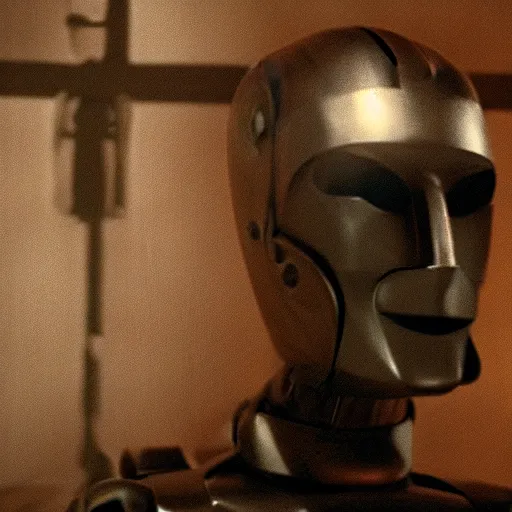 Prompt: movie scene of a man with a robot head, movie still, cinematic composition, cinematic light, criterion collection, reimagined by industrial light and magic, Movie by David Lynch
