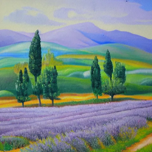 Image similar to oil painting of lavander fields in the south of france surrounded by cypress trees, various styles.