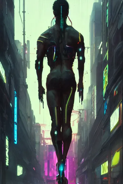 Prompt: black male cyborg body modifications hd greg rutkowski low perspective! cyberpunk city neon rain