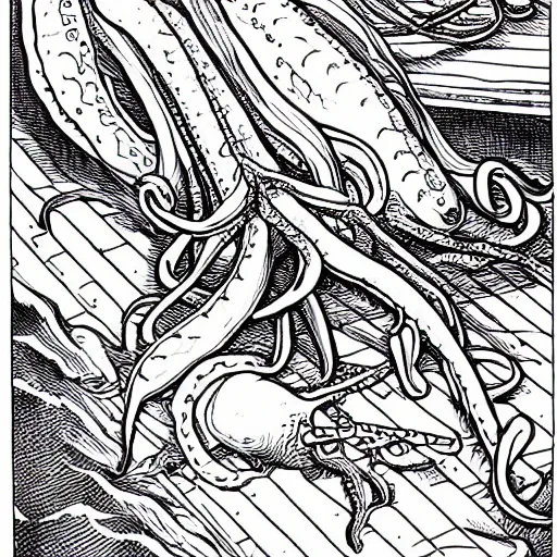 Image similar to a giant squid carrying napoleon on its back, coloring book page