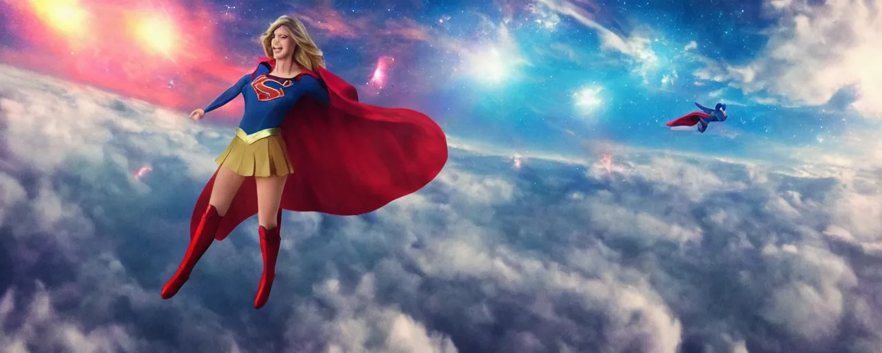 Prompt: a far off shot of supergirl flying amongst the clouds on the edge of space and stars artgerm