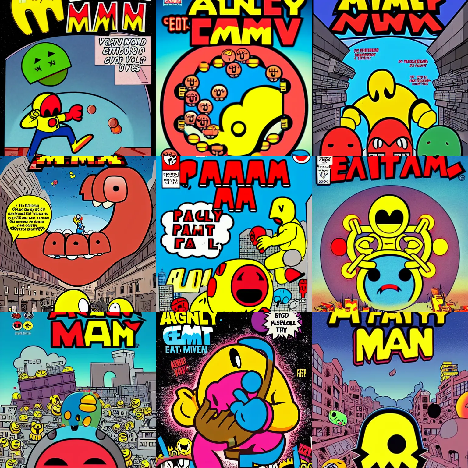 Image similar to angry giant pacman eat people in ruined city, a comics cover