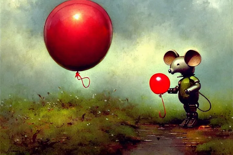 Prompt: adventurer ( ( ( ( ( 1 9 5 0 s retro future robot android mouse holding a red balloon. muted colors. swamp mushrooms island, lillie pads ) ) ) ) ) by jean baptiste monge!!!!!!!!!!!!!!!!!!!!!!!!! chrome red