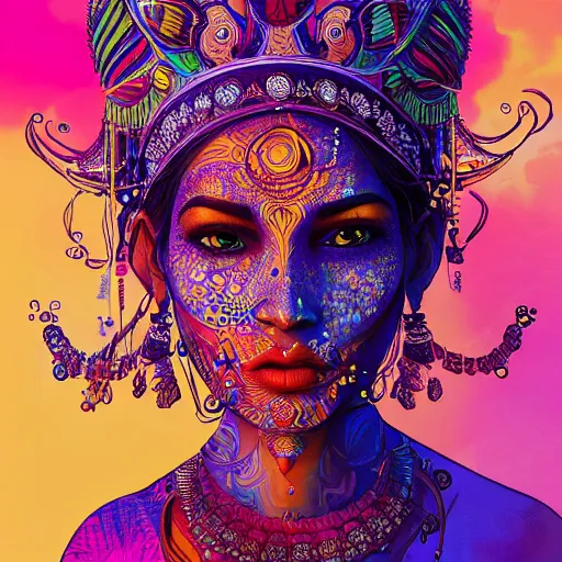 Image similar to the face of a ridiculously beautiful and pretty indian woman partially made of onion rings of all colors looking up, an ultrafine detailed illustration by james jean, final fantasy, intricate linework, bright colors, behance contest winner, vanitas, angular, altermodern, unreal engine 5 highly rendered, global illumination, radiant light, detailed and intricate environment