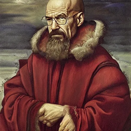 Image similar to Renaissance oil portrait of Walter White as a scholar, high-quality realistic oil painting with detailed strokes, Walter White as a robed Renaissance scholar