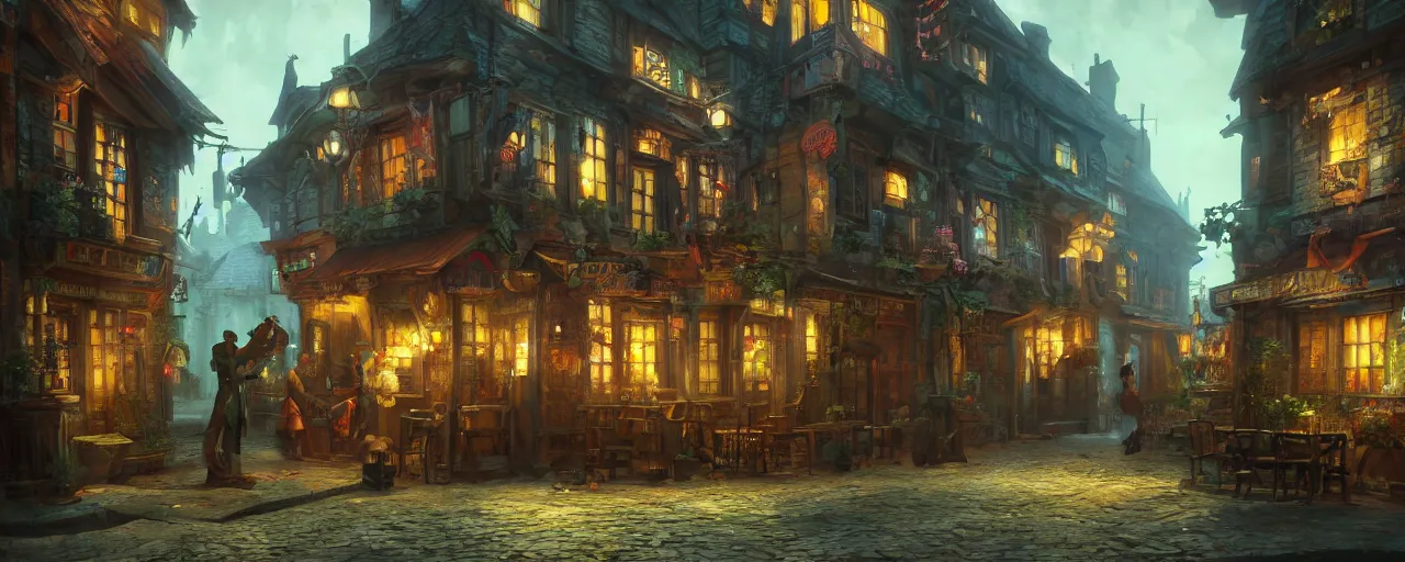 Prompt: tavern bard infront of tiny, narrow dark streets with exotic dancers, exterior, two stories, vaporwave aesthetics, 8 k uhd, unreal engine, octane render in the artstyle of finnian macmanus, john park and greg rutkowski