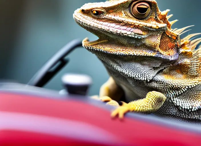 Image similar to dslr portrait still of a bearded dragon driving a little toy car, 8 k 8 5 mm f 1. 4