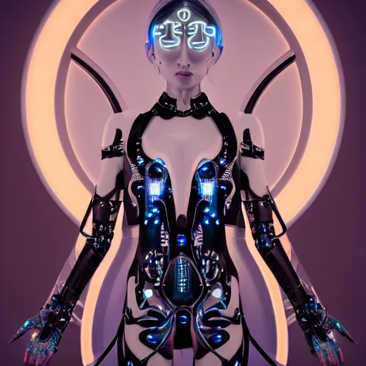 Image similar to symmetrical feminine cyborg goddess rendered in Cinema 4D and Octane and Unreal Engine 5, elegant cybernetic body and ornate futuristic robes, glowing white neon eyes, platinum and obsidian flowing long hair, art by Artgerm, Beeple and Alphonse Mucha, hyperrealism, full body photogenic shot, digital render, cinematic lighting ornate earrings, 8k resolution, masterpiece work