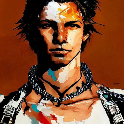 Image similar to portrait of a young white hero using his right arm to hold his sword covering his eye by yoji shinkawa, high quality, extra details, realism, ornate, colored, golden chain, blood, white skin, short hair, brown eyes, vivid, sunlight, dynamic, american man, freedom, white american soldier, painting, cybernetics, military